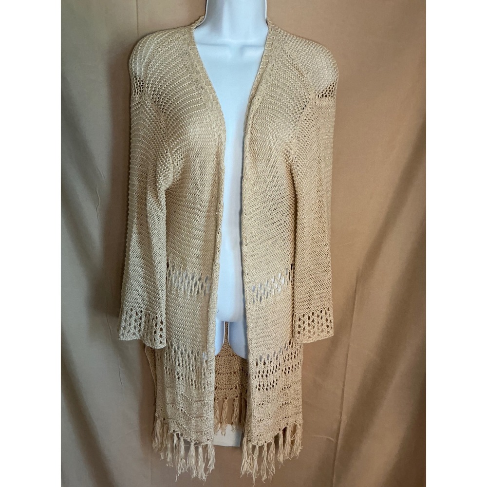ee:some Cardigan Womens S/M Beige Excellent Open Knit Crochet Fringe Longline